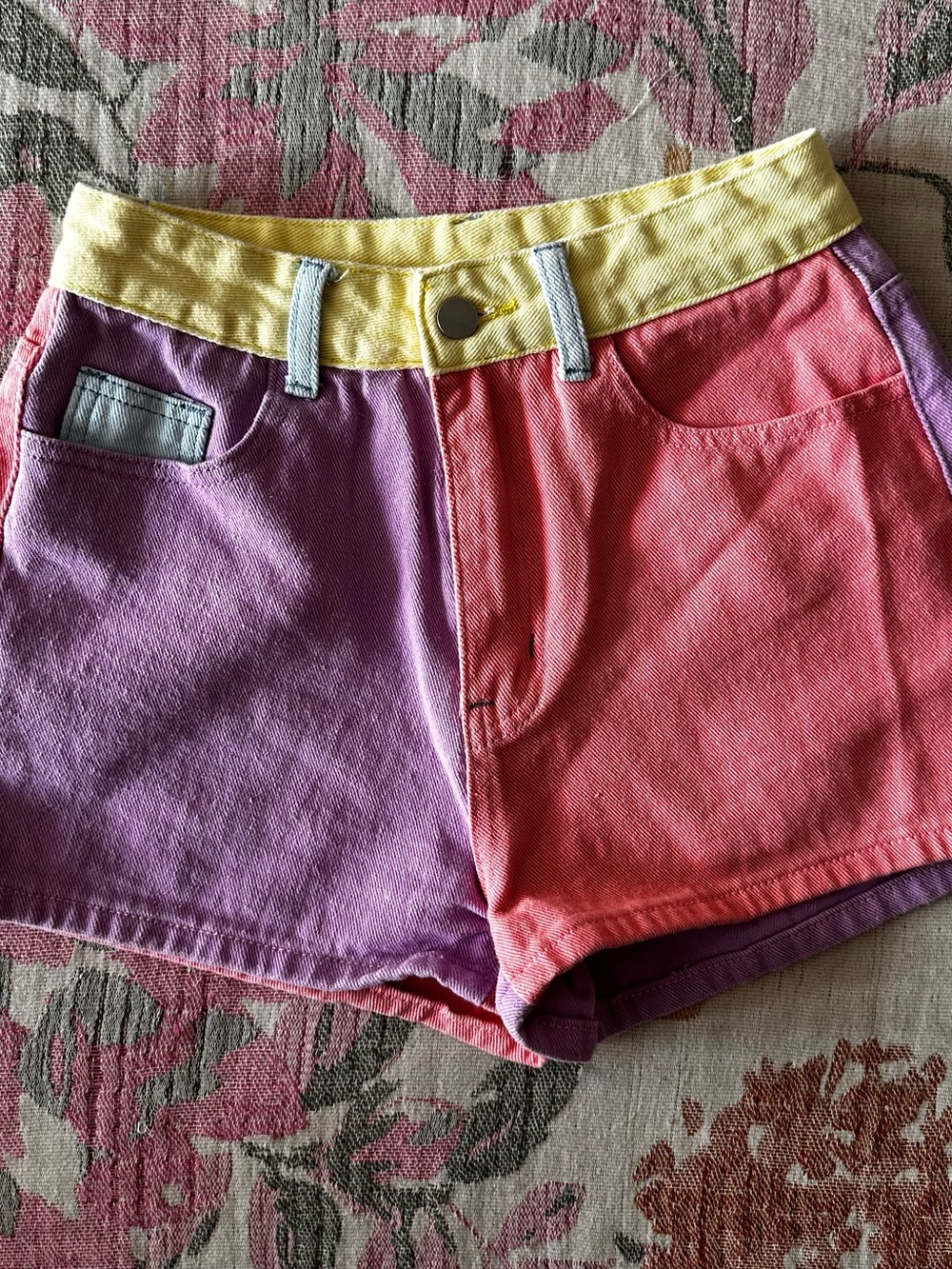 Colorblock Cotton Women’s Shorts Yellow Waist, Pink & Purple Panels 100% cotton